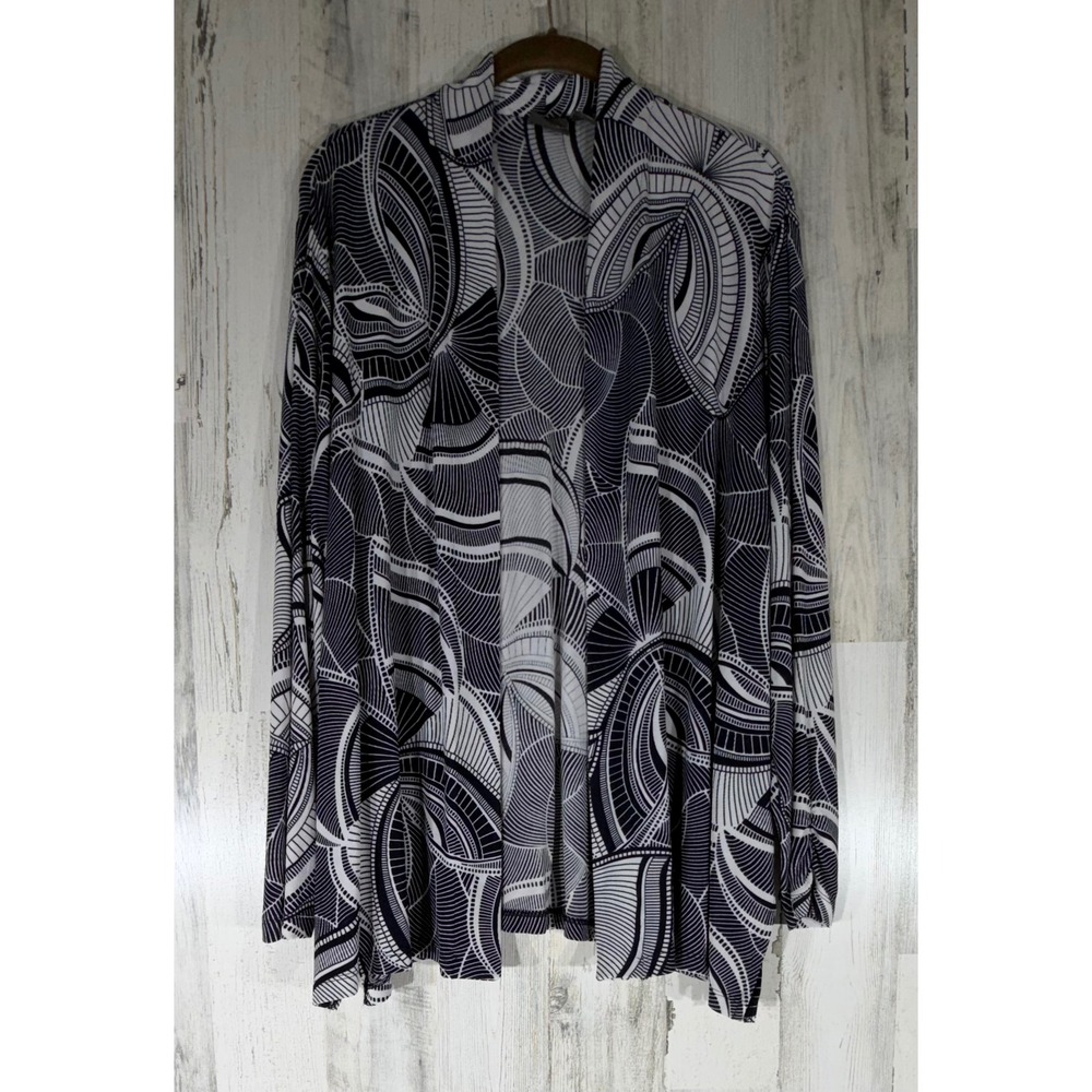 Chicos Travelers Cardigan 3 or XL Navy Blue White Abstract Geometric‎ Open Front